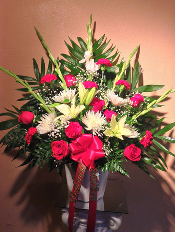 Red and White with Lillies & Gladiola Sympathy Piece