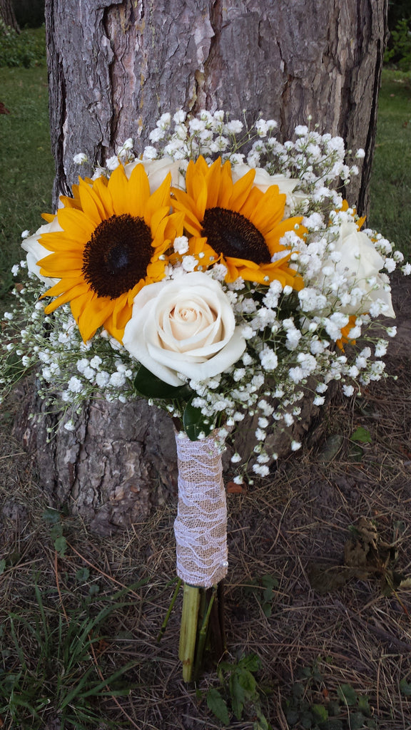 Bridal Sunflower Bouquet with White Roses and Baby's Breath