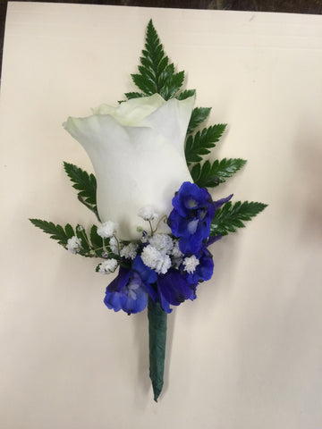 Bouttoniere; White rose with blue accent